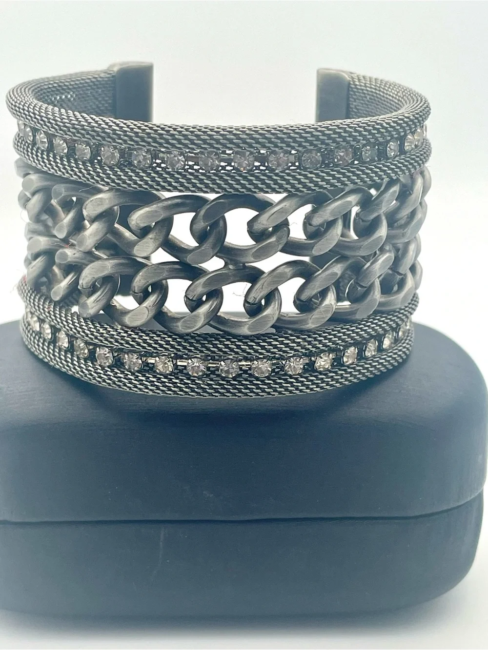 Gunmetal Multi Row Chain Cuff Bracelet with Crystal Accents. Adjustable